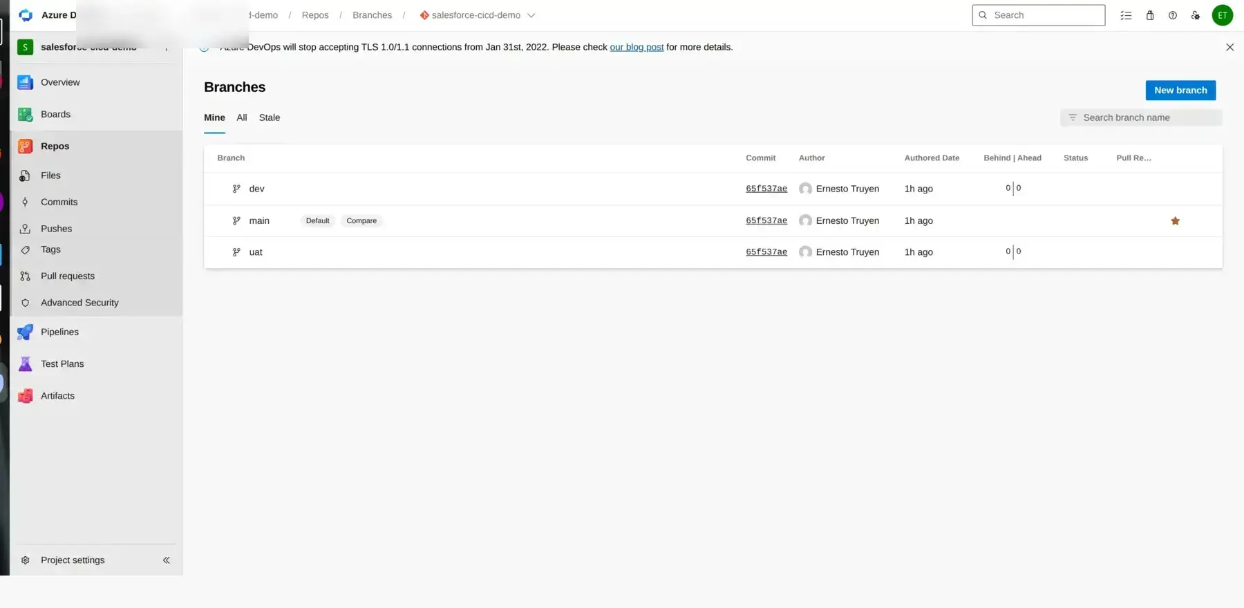 Azure Repos branch strategy for the Salesforce CI CD project