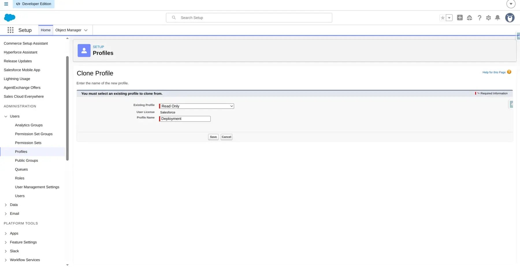 Salesforce Setup screen for cloning the Deployment profile