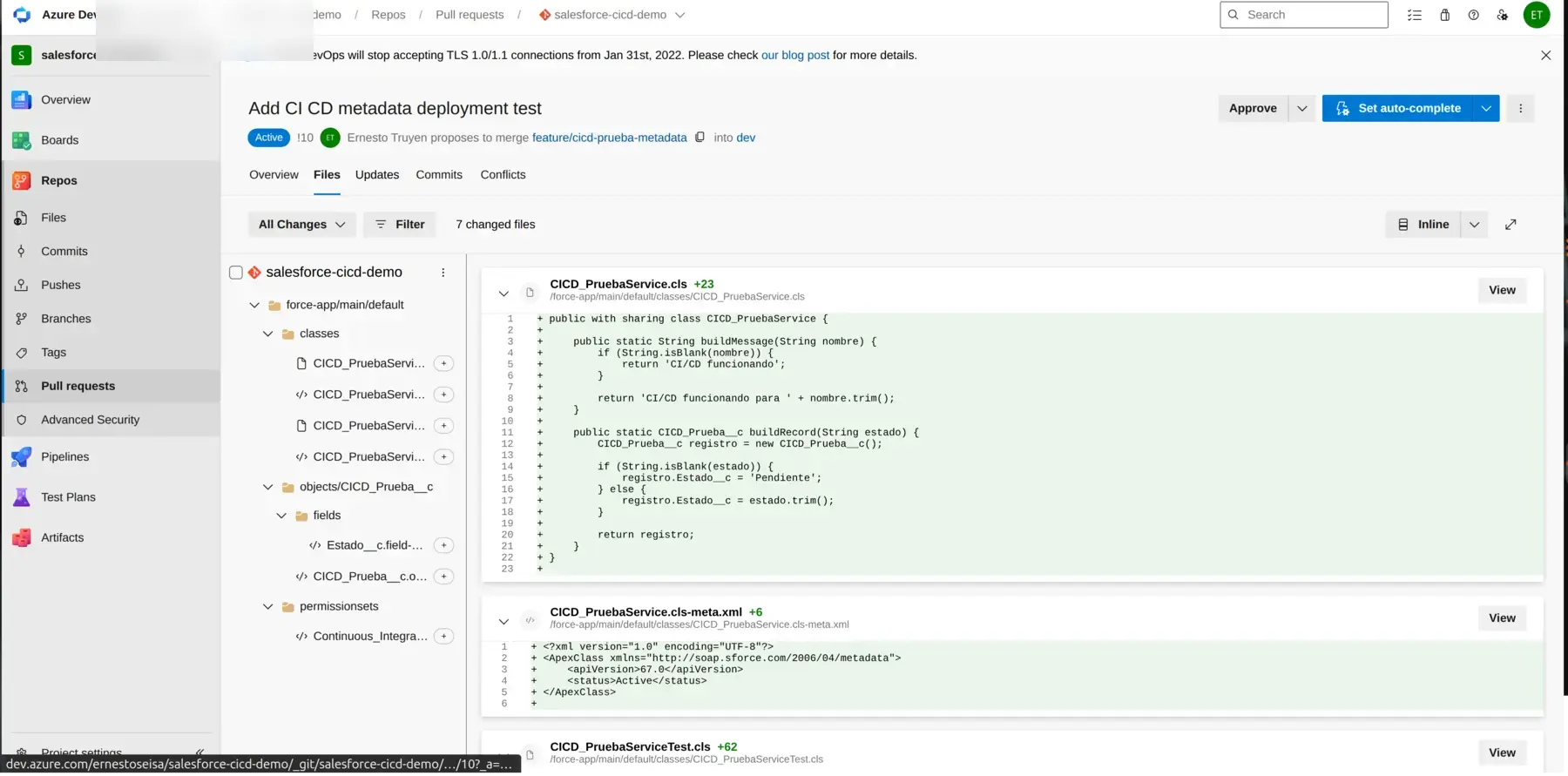 Azure DevOps pull request Files tab showing Salesforce metadata changes